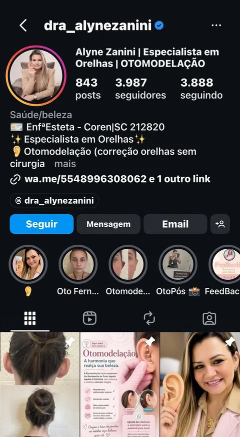 Print do perfil @dra_alynezanini no Instagram, com bio de especialista em orelhas e destaques de otomodelação